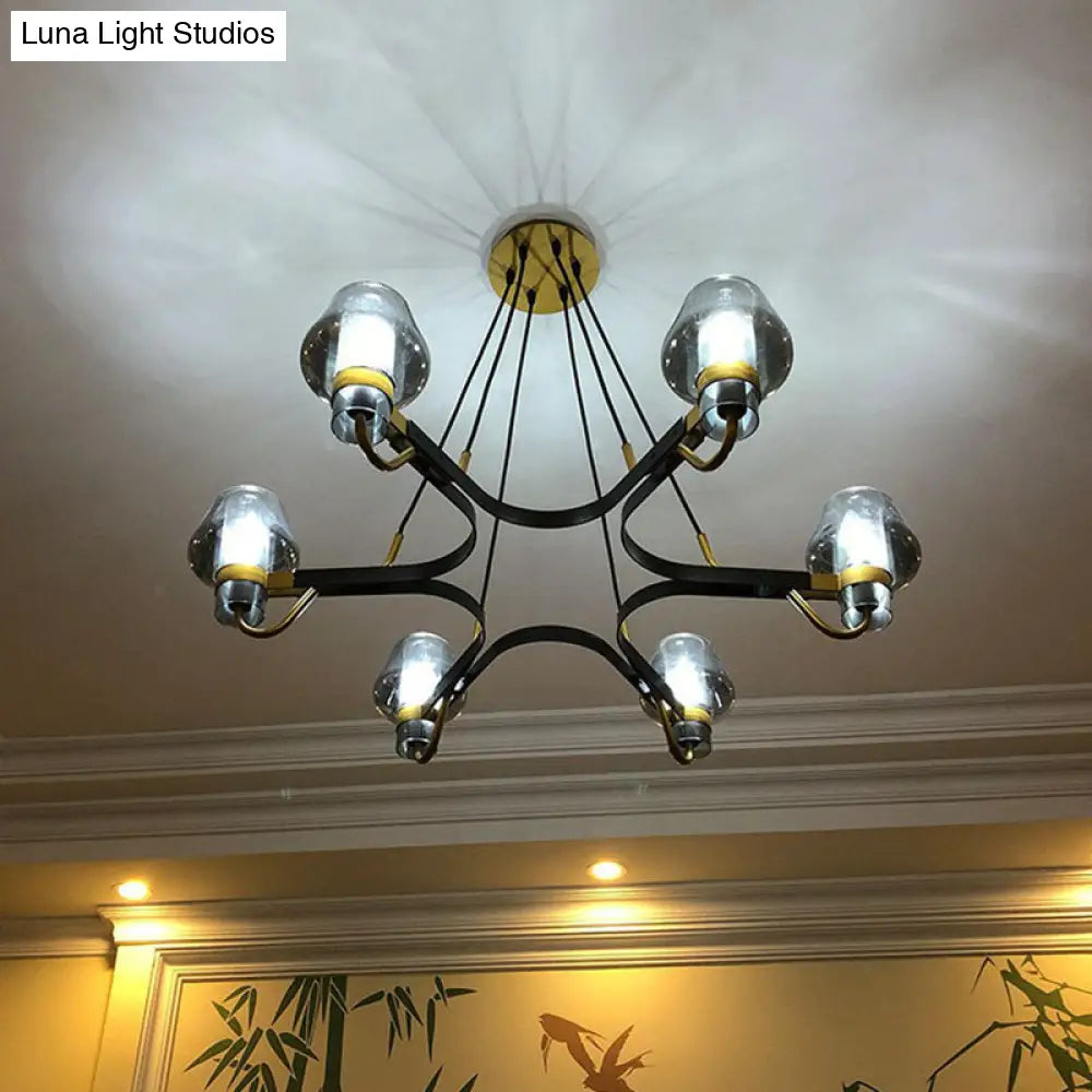 Postmodern Black-Brass Chandelier With Cone Glass Shade For Living Rooms