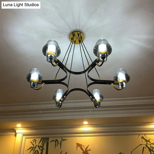 Postmodern Black-Brass Chandelier With Cone Glass Shade For Living Rooms