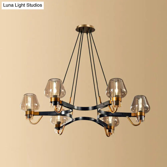 Postmodern Black-Brass Living Room Chandelier With Glass Cone Shade 6 / Cognac