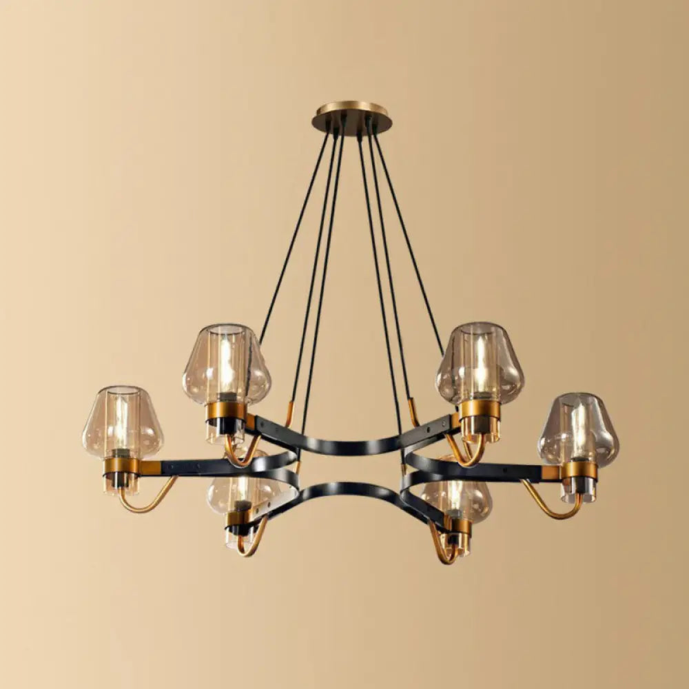 Postmodern Black-Brass Chandelier With Cone Glass Shade For Living Rooms 6 / Cognac