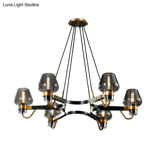 Postmodern Black-Brass Chandelier With Cone Glass Shade For Living Rooms