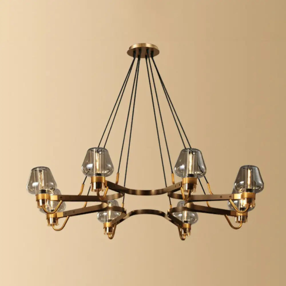 Postmodern Black-Brass Chandelier With Cone Glass Shade For Living Rooms 8 / Cognac