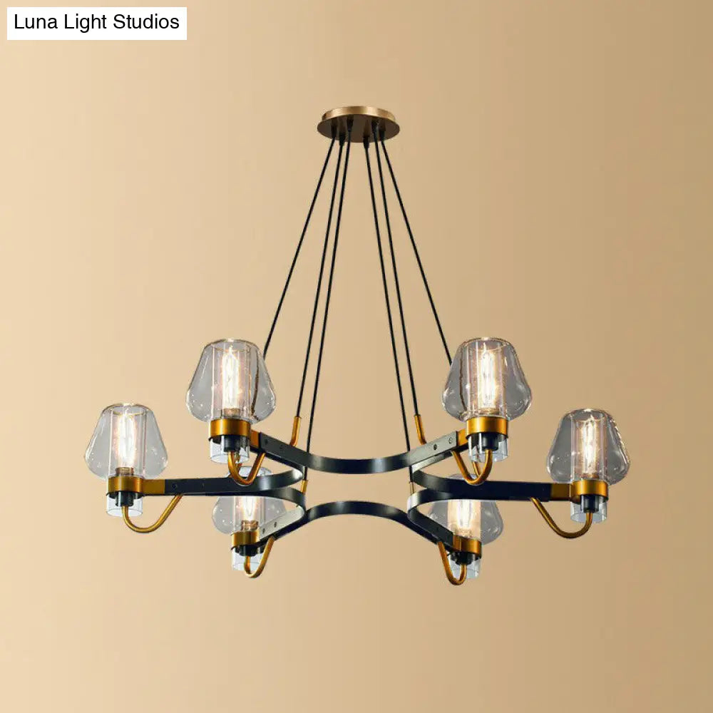 Postmodern Black-Brass Living Room Chandelier With Glass Cone Shade 6 / Clear