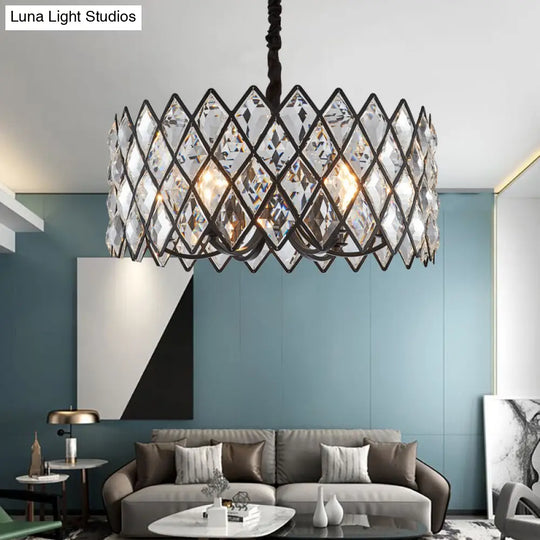 Postmodern Black Chandelier With 8 Lights Crystal Drum Shade For Living Room Ceiling