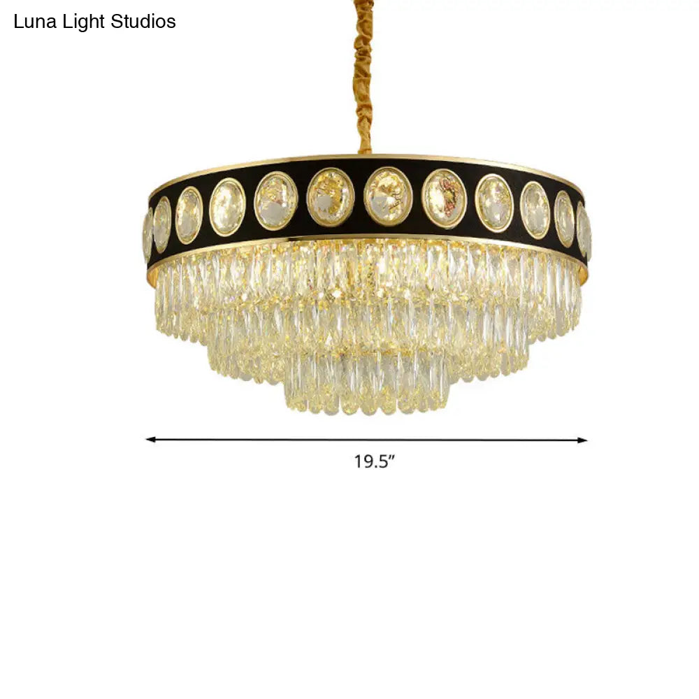 Postmodern Black And Gold Crystal Block Chandelier Lighting 3 Tiers 9/11 Heads 19.5/23.5 Wide