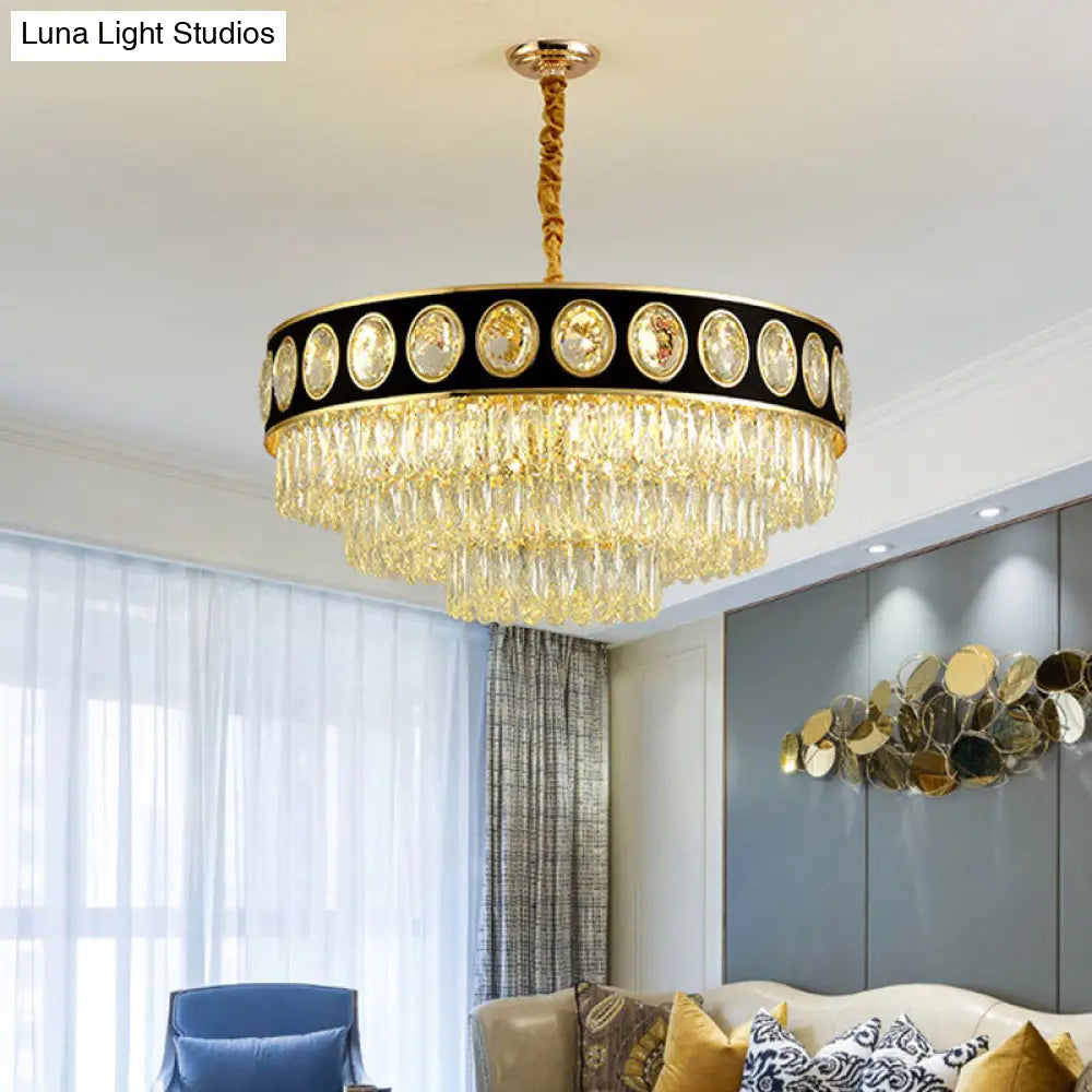 Postmodern Black & Gold 3-Tier Hanging Light Chandelier - 9/11 Heads Crystal Blocks 19.5’/23.5’ Wide