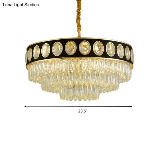 Postmodern Black & Gold 3-Tier Hanging Light Chandelier - 9/11 Heads Crystal Blocks 19.5’/23.5’ Wide