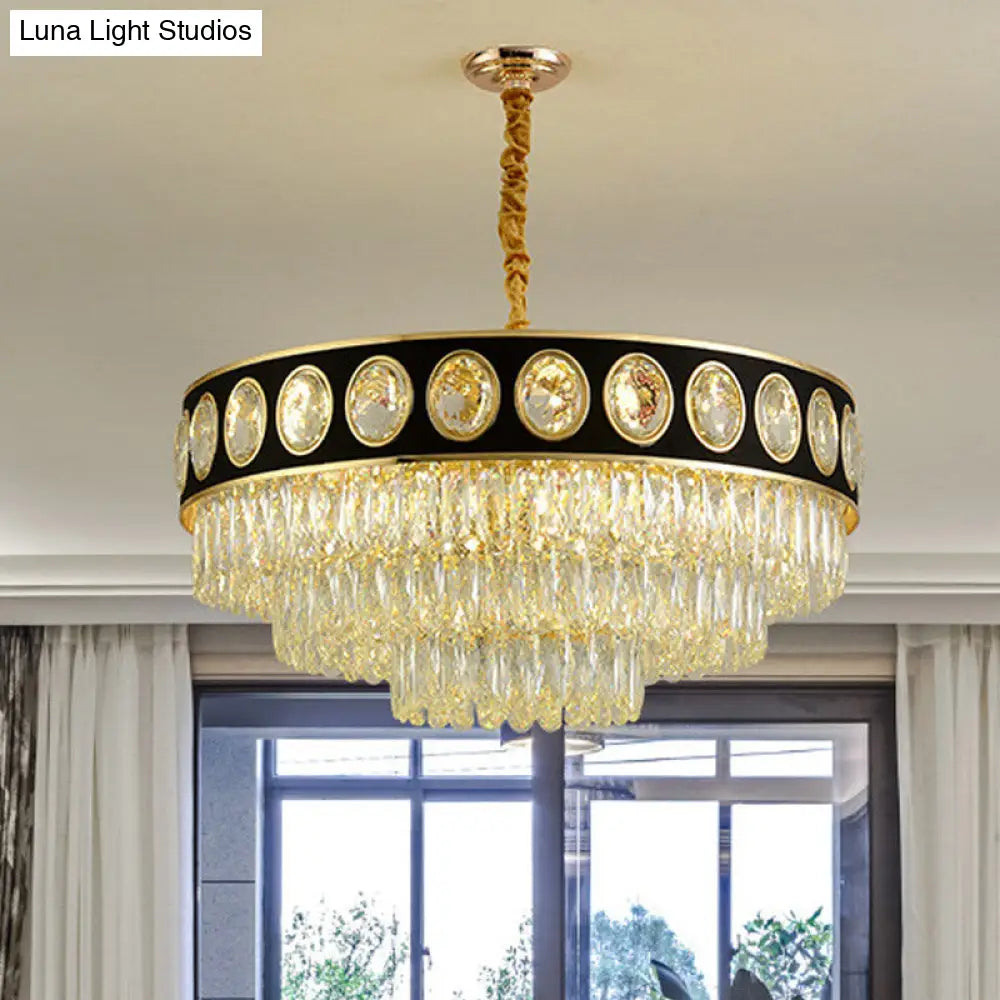 Postmodern Black And Gold Crystal Block Chandelier Lighting 3 Tiers 9/11 Heads 19.5/23.5 Wide