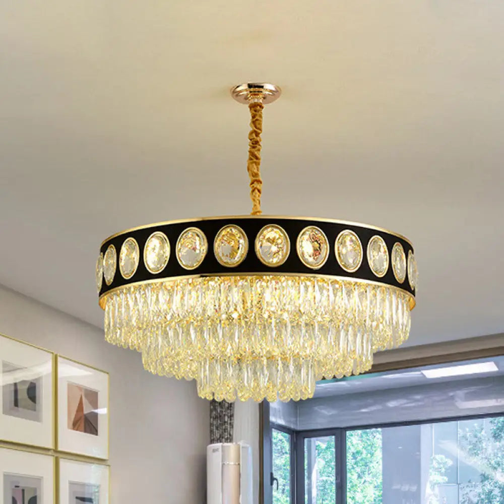 Postmodern Black & Gold 3-Tier Hanging Light Chandelier - 9/11 Heads Crystal Blocks 19.5’/23.5’