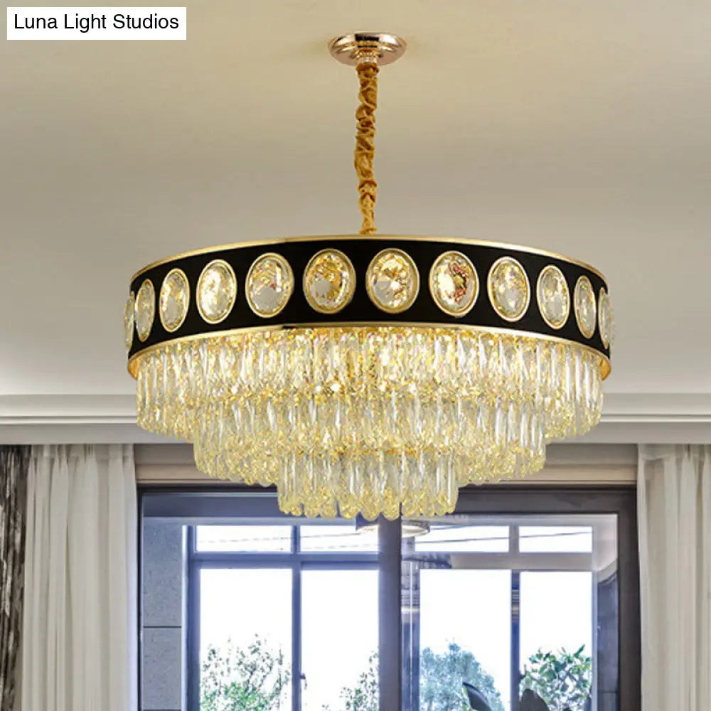 Postmodern Black & Gold 3-Tier Hanging Light Chandelier - 9/11 Heads Crystal Blocks 19.5’/23.5’ Wide