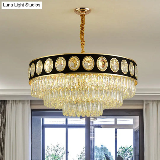 Postmodern Black & Gold 3-Tier Hanging Light Chandelier - 9/11 Heads Crystal Blocks 19.5’/23.5’ Wide