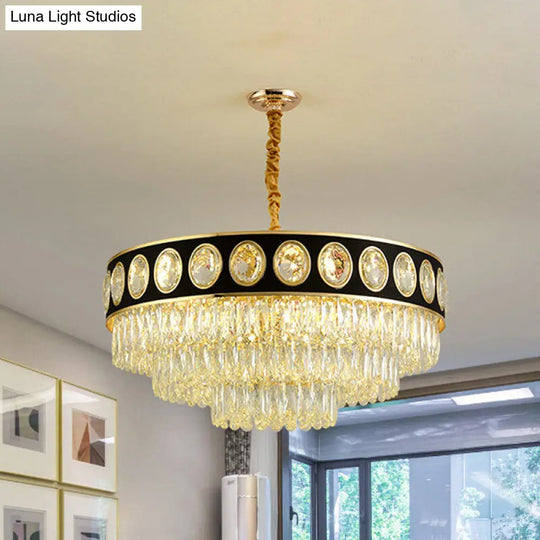 Postmodern Black And Gold Crystal Block Chandelier Lighting 3 Tiers 9/11 Heads 19.5/23.5 Wide