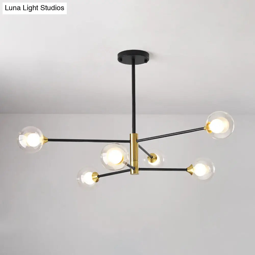 Postmodern 6-Light Chandelier In Black/Gold With Dual Clear Glass Shades