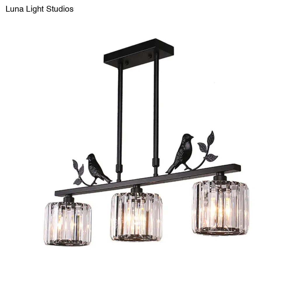 Postmodern Black/Gold Crystal Prism Pendant Lamp With Bird And Leaf Decoration - 3-Bulb Cylinder