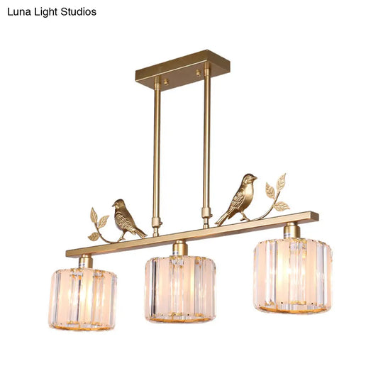 Postmodern Black/Gold Crystal Prism Pendant Lamp With Bird And Leaf Decoration - 3-Bulb Cylinder