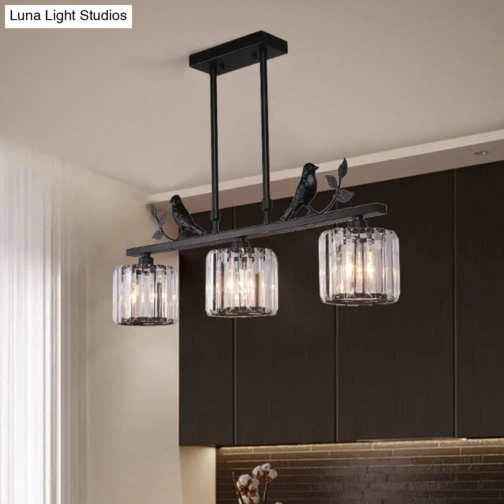 Postmodern Black/Gold Crystal Prism Pendant Lamp With Bird And Leaf Decoration - 3-Bulb Cylinder