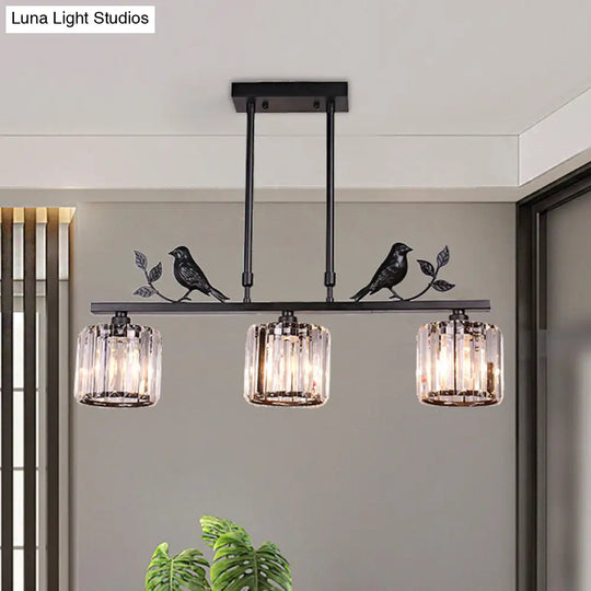 Postmodern Black/Gold Crystal Prism Pendant Lamp With Bird And Leaf Decoration - 3-Bulb Cylinder