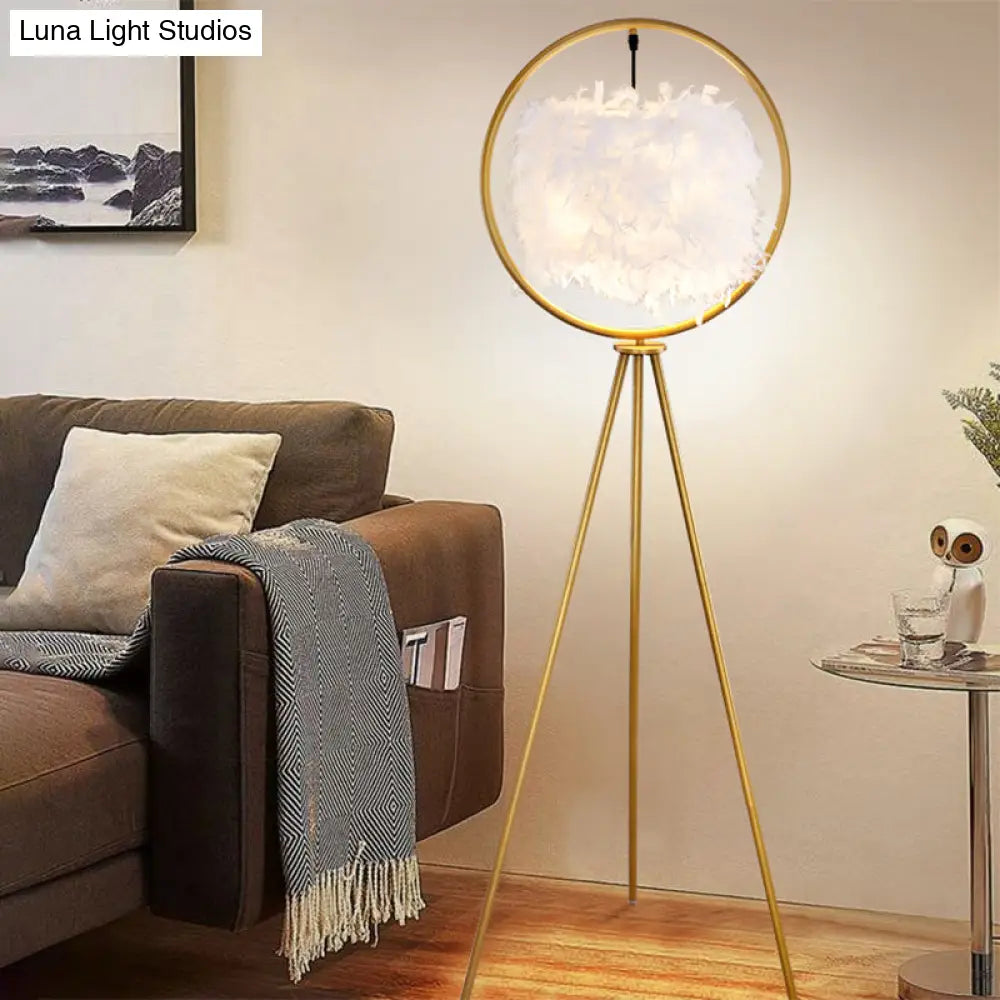 Postmodern Black/Gold Tripod Floor Lamp With Feather Shade - 1-Bulb Metal Standing Light