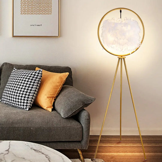 Postmodern Black/Gold Tripod Floor Lamp With Feather Shade - 1-Bulb Metal Standing Light Gold