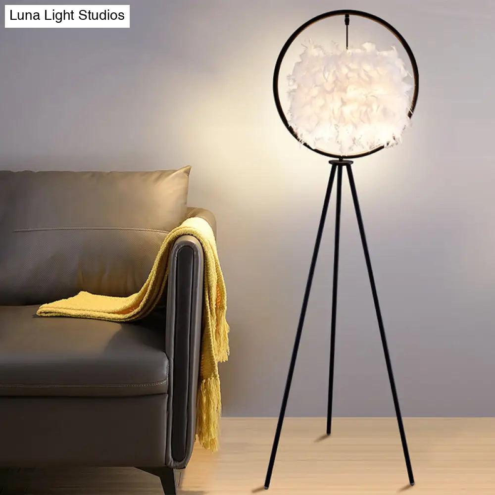 Postmodern Black/Gold Tripod Floor Lamp With Feather Shade - 1-Bulb Metal Standing Light