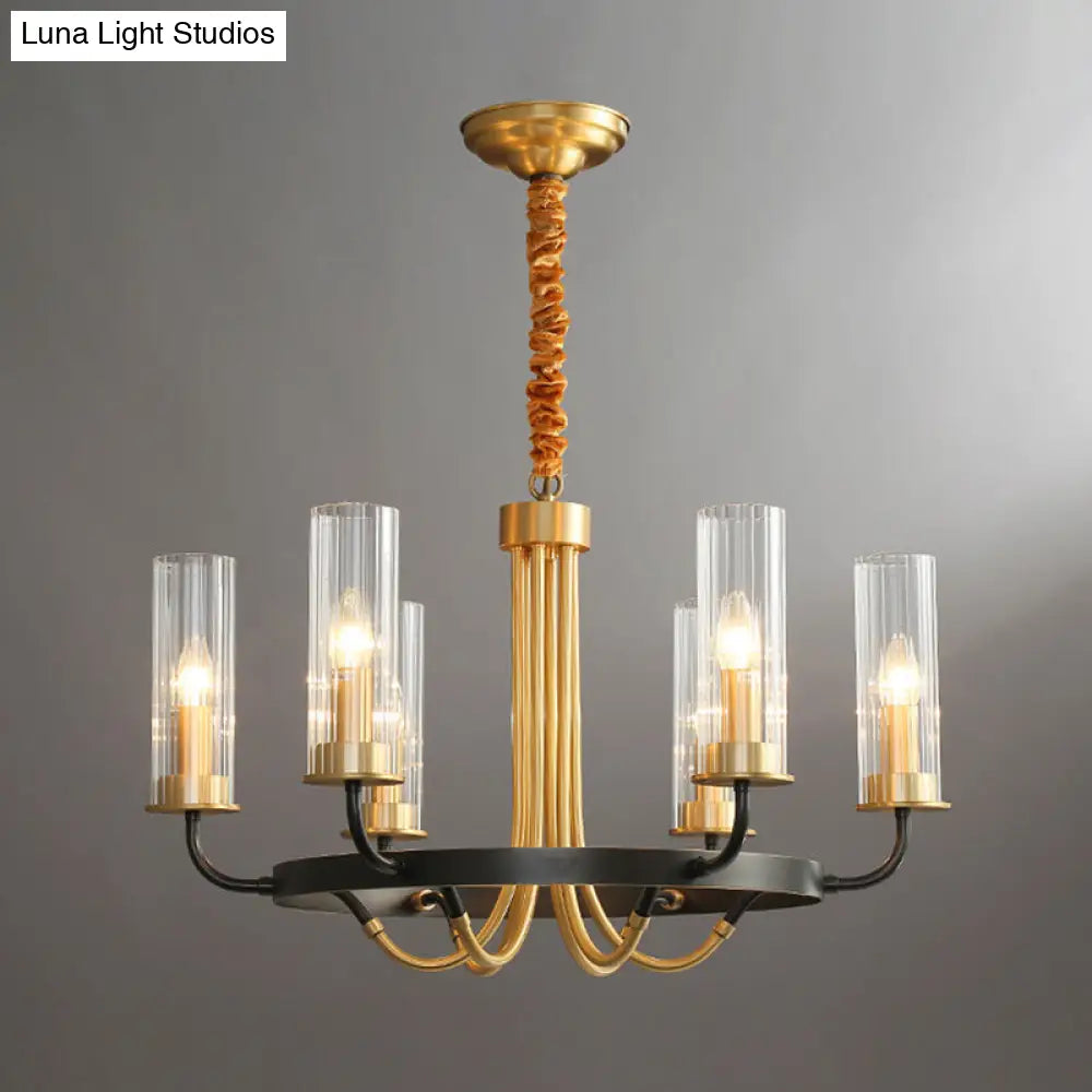 Postmodern Black/Gold Chandelier With Ribbed Glass Tubes - 6/8 Lights Curved Arm 6 / Black