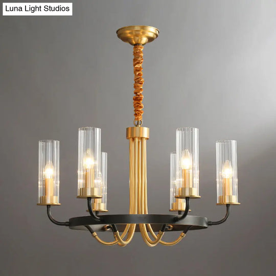 Postmodern Black/Gold Chandelier With Ribbed Glass Tubes - 6/8 Lights Curved Arm 6 / Black