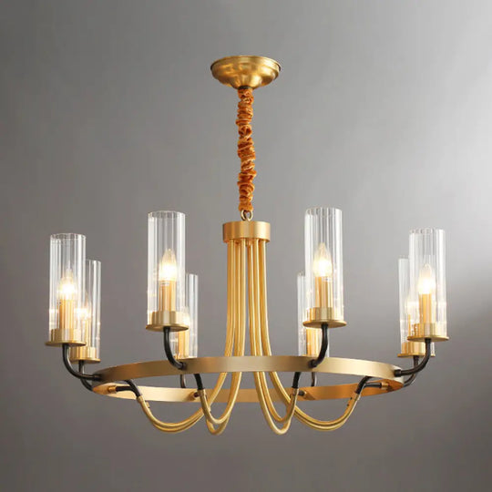 Postmodern Black/Gold Tube Up Chandelier - 6/8 Lights Clear Ribbed Glass Curved Arm 8 / Gold