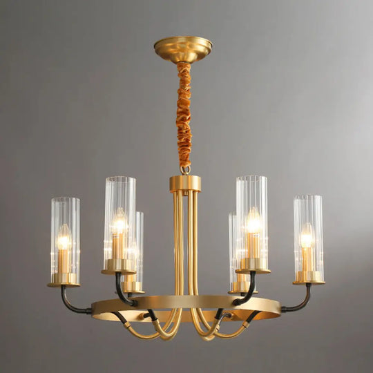 Postmodern Black/Gold Tube Up Chandelier - 6/8 Lights Clear Ribbed Glass Curved Arm 6 / Gold