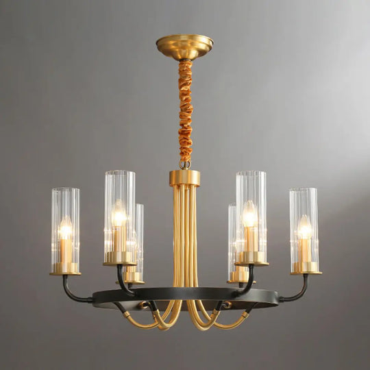 Postmodern Black/Gold Tube Up Chandelier - 6/8 Lights Clear Ribbed Glass Curved Arm 6 / Black