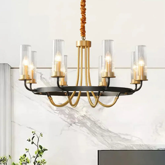 Postmodern Black/Gold Tube Up Chandelier - 6/8 Lights Clear Ribbed Glass Curved Arm 8 / Black