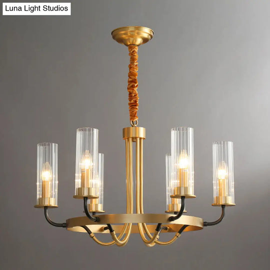 Postmodern Black/Gold Chandelier With Ribbed Glass Tubes - 6/8 Lights Curved Arm 6 / Gold