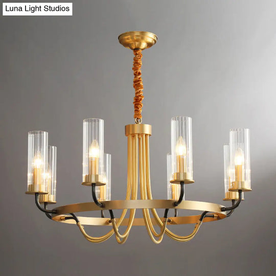 Postmodern Black/Gold Chandelier With Ribbed Glass Tubes - 6/8 Lights Curved Arm 8 / Gold