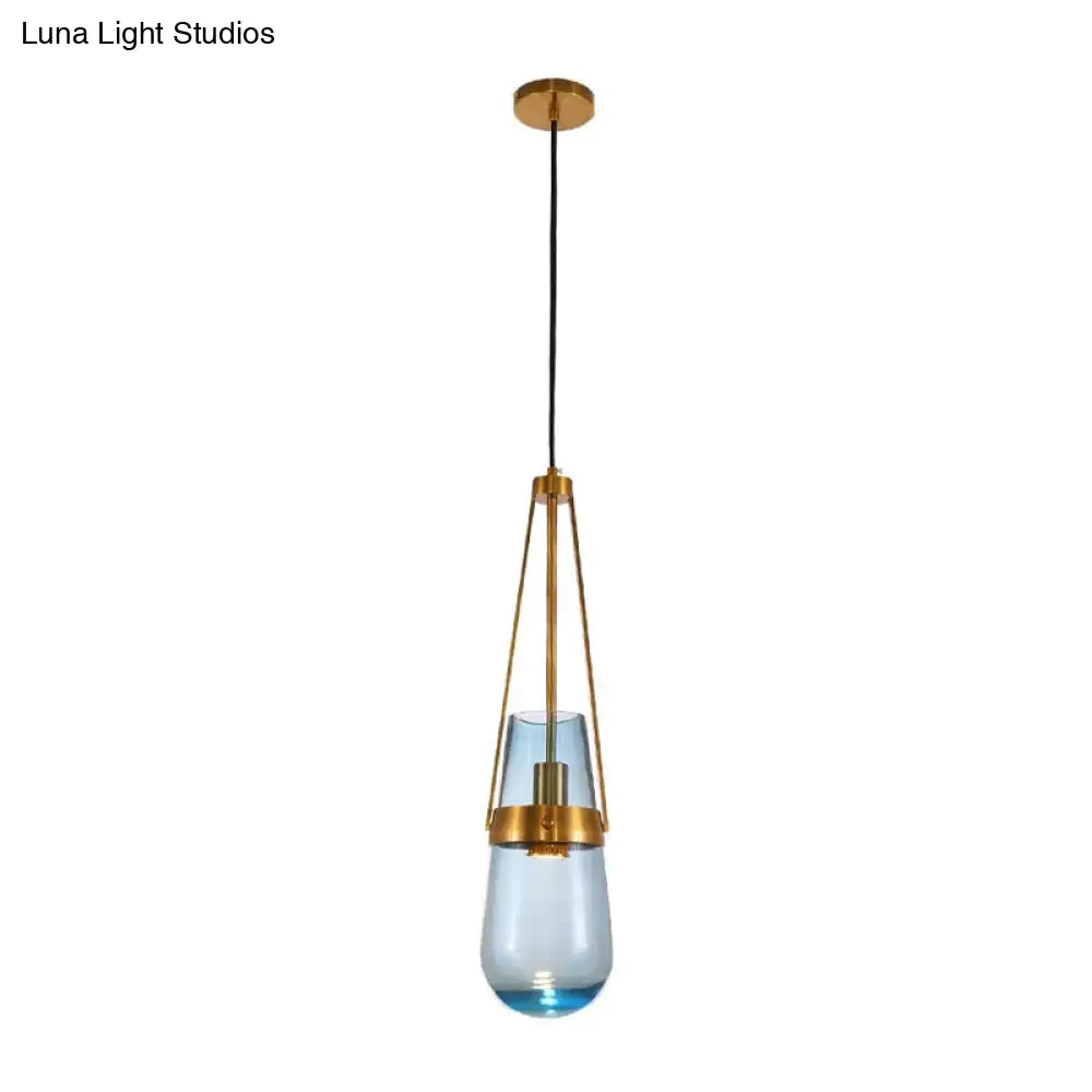 Clear/Blue Glass Pendant Lamp With Brass Gripper - Postmodern Drop Shape Dining Room Hanging Light