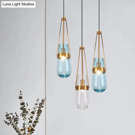 Postmodern Blue And Clear Glass Dining Room Pendant Light With Brass Gripper