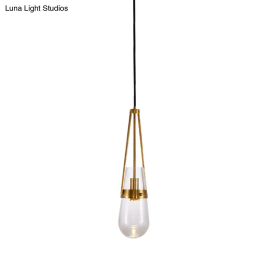 Clear/Blue Glass Pendant Lamp With Brass Gripper - Postmodern Drop Shape Dining Room Hanging Light