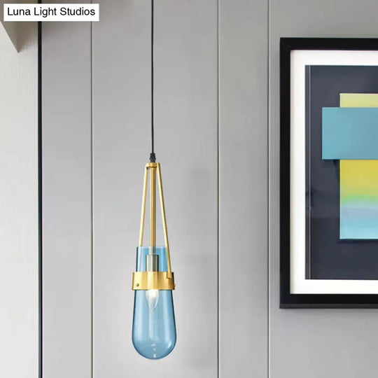 Postmodern Blue And Clear Glass Dining Room Pendant Light With Brass Gripper