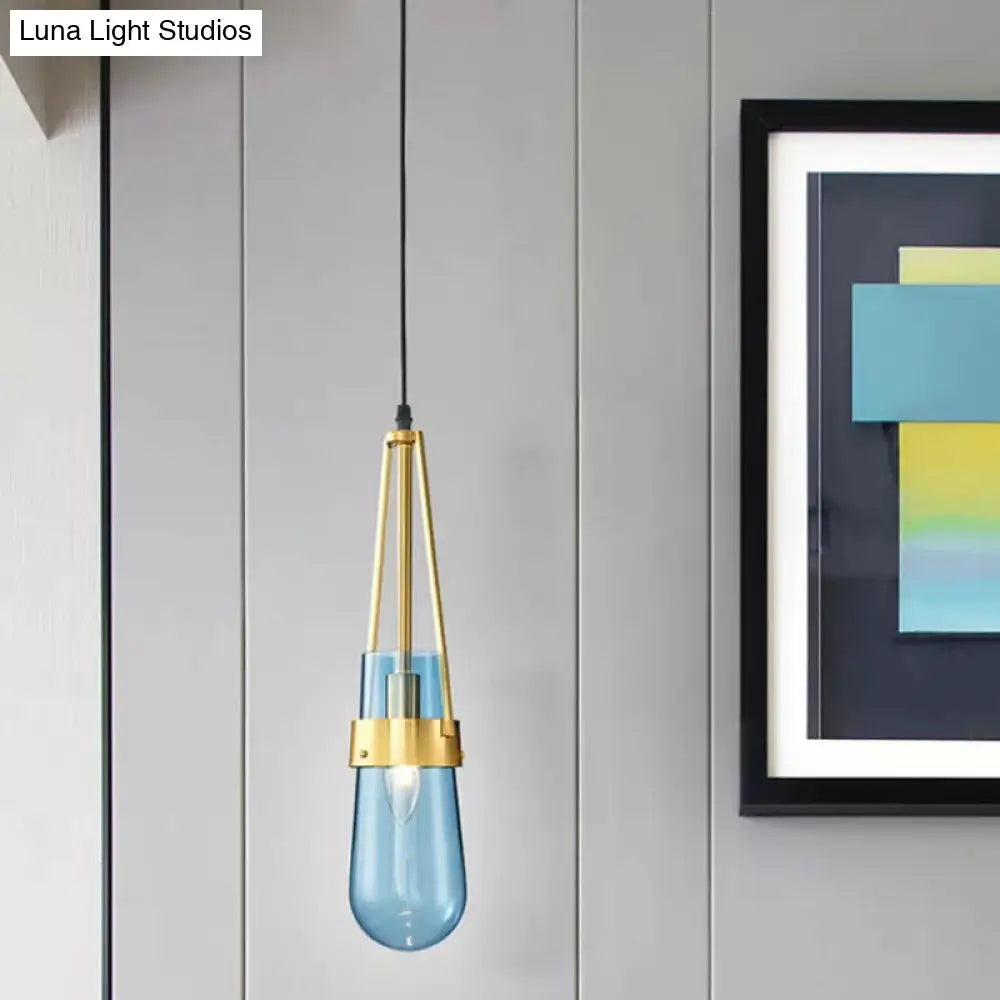 Clear/Blue Glass Pendant Lamp With Brass Gripper - Postmodern Drop Shape Dining Room Hanging Light