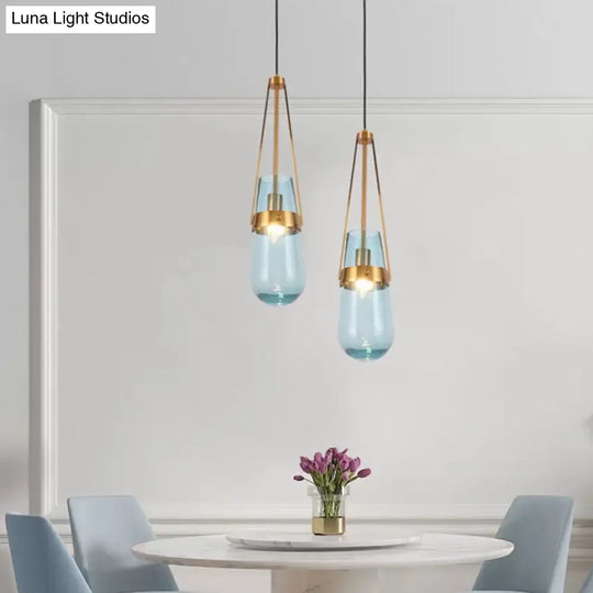 Postmodern Blue And Clear Glass Dining Room Pendant Light With Brass Gripper