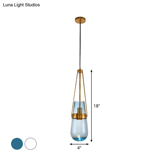 Clear/Blue Glass Pendant Lamp With Brass Gripper - Postmodern Drop Shape Dining Room Hanging Light