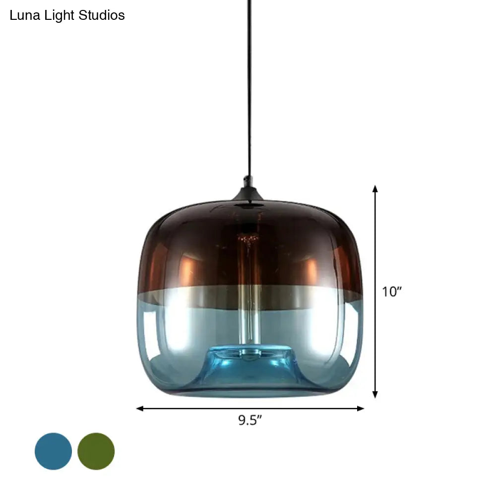 Postmodern Blue/Green-Brown Glass Drum Pendant Ceiling Light - Stylish 1 Bulb Suspension Lamp For