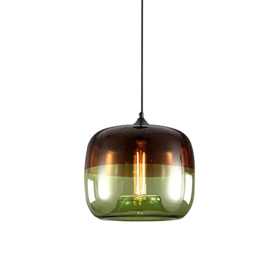 Postmodern Blue/Green-Brown Glass Drum Pendant Ceiling Light - Stylish 1 Bulb Suspension Lamp For