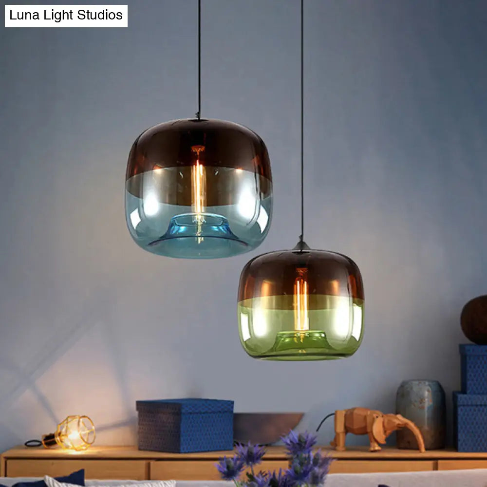 Postmodern Blue/Green-Brown Glass Drum Pendant Ceiling Light - Stylish 1 Bulb Suspension Lamp For