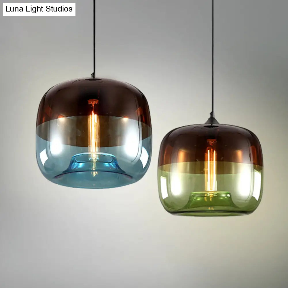 Postmodern Blue/Green-Brown Glass Drum Pendant Ceiling Light - Stylish 1 Bulb Suspension Lamp For