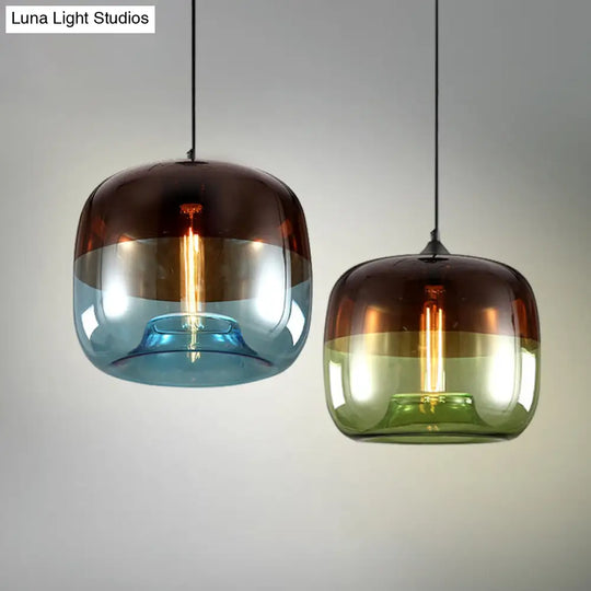 Modern Glass Drum Pendant Ceiling Light Blue/Green-Brown Design Ideal For Dining Rooms Includes 1