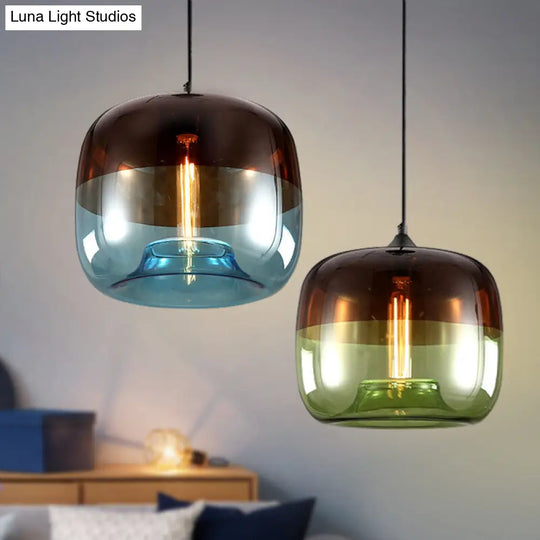 Modern Glass Drum Pendant Ceiling Light Blue/Green-Brown Design Ideal For Dining Rooms Includes 1