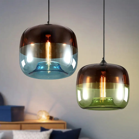 Postmodern Blue/Green-Brown Glass Drum Pendant Ceiling Light - Stylish 1 Bulb Suspension Lamp For