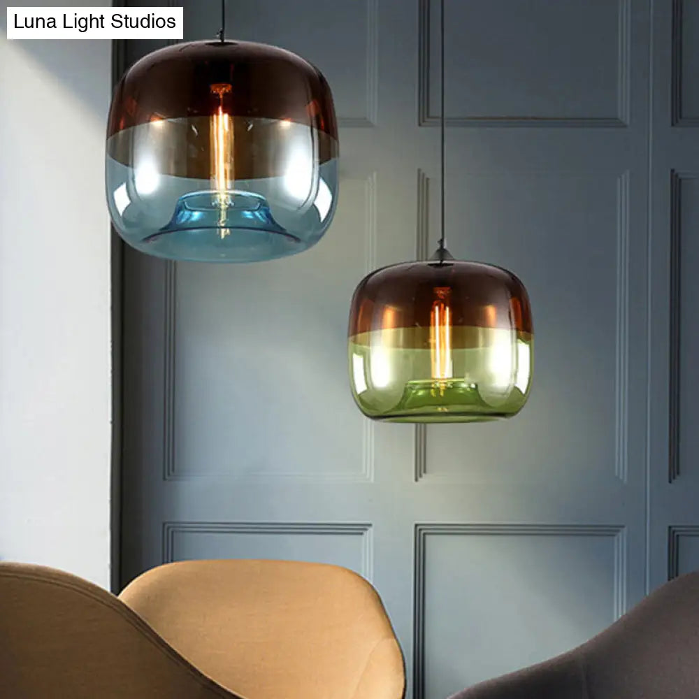 Modern Glass Drum Pendant Ceiling Light Blue/Green-Brown Design Ideal For Dining Rooms Includes 1