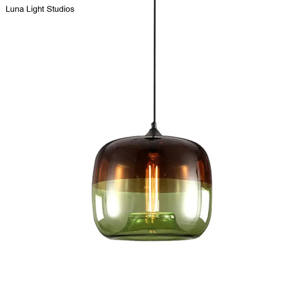 Modern Glass Drum Pendant Ceiling Light Blue/Green-Brown Design Ideal For Dining Rooms Includes 1