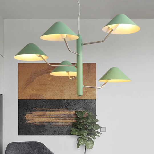 Postmodern Branch Suspension Light With Metal Cone Shades - Chandelier For Dining Room (3/5 Lights