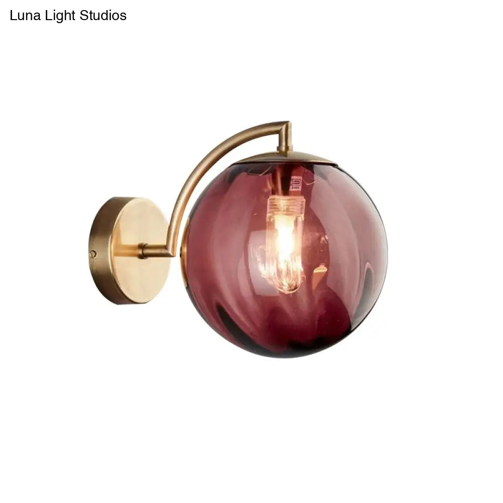 Postmodern Brass Ball Sconce Lamp - Red/Blue/Amber Glass Single Light Wall Fixture